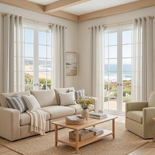 Image of MYSKY HOME Striped Curtains 63 Inches Long 63 Inches Long Linen Blended Black Ticking Stripe Pinstripe Curtains for Bedroom Patterned Light Filtering Drapes, Grommet, 2 Panels, 52 inch Wide