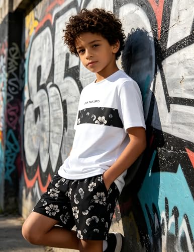 Image of Boys' 2 Piece Summer Outfit Cool Dinosaur & Camouflage Graphic Short Sleeve Tee & Shorts Set Size 4-12