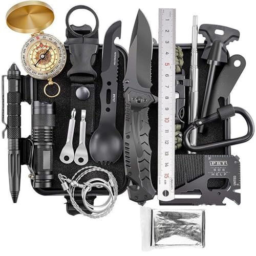 20x12x7cm Survival Kit 15 in 1, Notfall Survival Kit Outdoor Ausrüstung Außen Notfall Set mit Kompass Taschenlampe Weiterem Zubehör für Camping Bushcraft Wandern Jagde Abenteuer