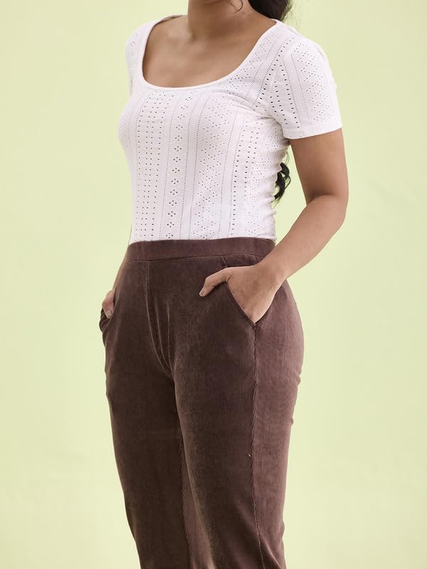 Image of GO COLORS Solid Corduroy Treggings for Women | Warmtech, Mid Rise, Side Pocket