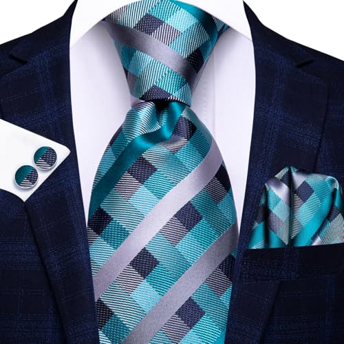 Image of Dubulle Mens Paisley Floral Silk Tie for Men Blue Teal Striped Necktie and Pocket Square Cufflinks Set Wedding Business