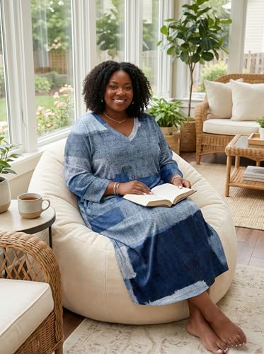 Image of SUZONANA Plus Size Denim Print Maxi Dresses for Women Casual V Neck Short Sleeve with Pockets Soft Jean Look Dress XL-6XL