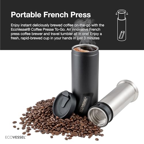 EcoVessel Travel French Press, Portable Coffee Maker, Stainless Steel Insulated Coffee Press, Reusable Single Serve Bottle for On-The-Go Use, 14oz (Black)