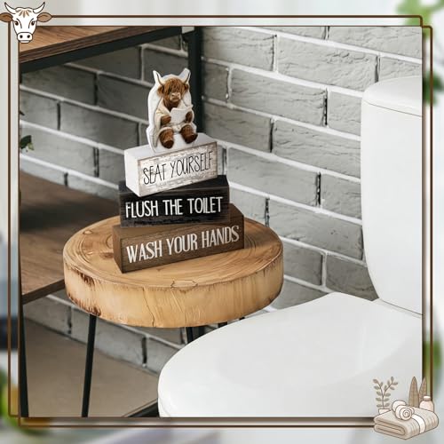 Image of Moucuny 4 Pcs Highland Cow Bathroom Decor Set Funny Rustic Wooden Tiered Tray Signs with Highland Cow Toilet Figurine, Farmhouse Bathroom Shelf Decor, Etiquette Reminders for Restroom Toilet Vanity