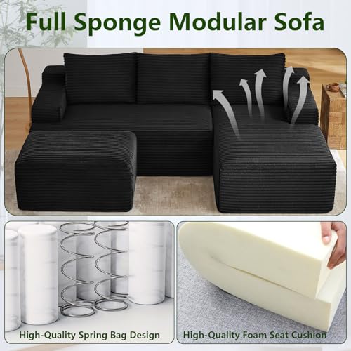 Image of 96.1 inch Modular Sectional Sofa with Ottoman, Modern Corduroy Cloud Couch, Boneless Couch Upholstered 3-Seater U-Shaped Sofa for Living Room, No Assembly (Black, Right-Facing Chaise)