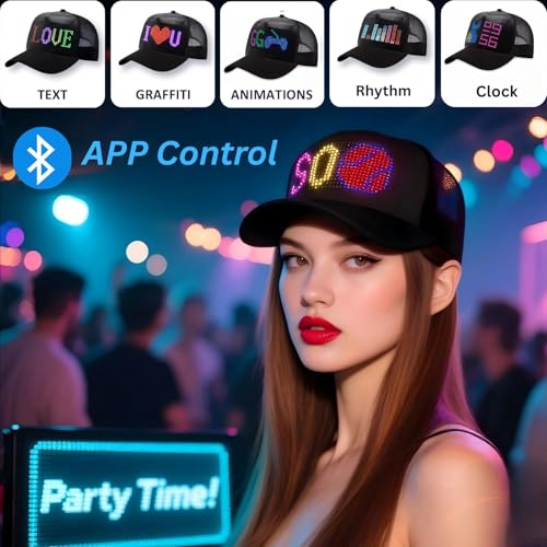 LED Hats, LED Display Screen Baseball Caps with Programmable Scrolling Message, Bluetooth APP Control, Custom Text, Patterns & Animations Hat - Perfect for Christmas and Halloween Parties & Raves - Image 3