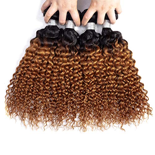 Imayli Ombre Brazilian Curly Hair 4 Bundles Wet and Wavy Kinky Curly Ombre Human Hair Weave 2 Tone Deep Wave Hair Extensions 1B 30 Color(16 16 16 16)