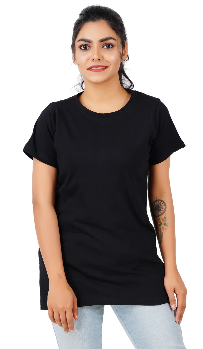 Round Neck Cotton Women Long Tee I T-Shirt I Solid Long Regular Fit Top I Colour Black I-picture-11