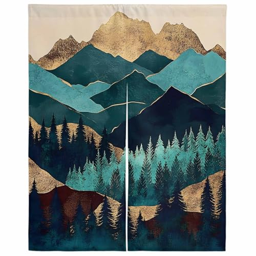 Lalirulero のれん 遮光 幅85x丈120cm おしゃれ 暖簾カーテン 間仕切り 仕切り 防寒 防音 目隠し 厚手 和風 出入り口 グッズ 寝室 玄関 キッチ リビング 春夏秋冬 森 風景 頂点 山 金 木