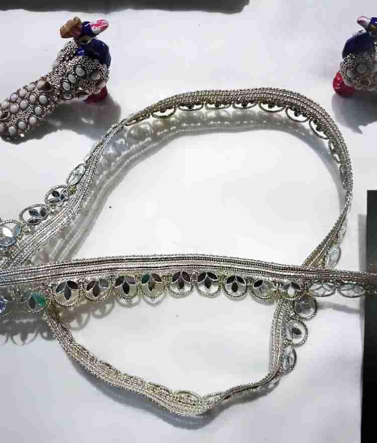 LACESNMORE Small Tilak Shape Silver Mirror Work lace, Mirror lace Handwork Border for Craft n Decorating Fabrics (Water Golden Silver) 2