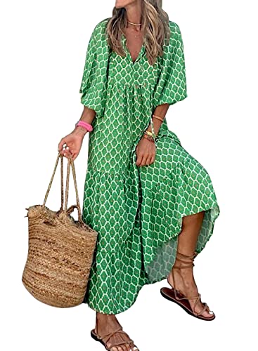 Miduo Womens Loose Fit V Neck Half Sleeve Bohemian Geometric Diamond Pattern Maxi Long Dresses Boho Ankle Dresses Green S thumb #1