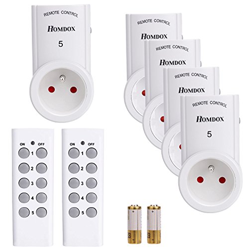 Homdox Funksteckdosen, 5 Stück mit zwei Fernbedienungen und zwei Batterien, weiß