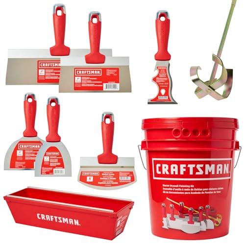 CRAFTSMAN Drywall Hand Tool Kit w/Bucket | 4 & 6-Inch Joint Knives 8 & 12-Inch Taping Knives 9-in-1 Multi Tool Bucket Scoop Mixer Mud Pans | Taping Finishing Drywall Repairs
