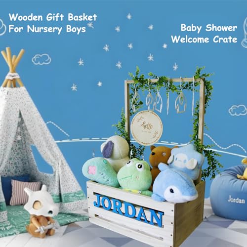 Image of Baby Shower Crate Closet Wooden Gift Basket for Girls Nursery Boy Welcome Box Storage Hamper with Handle Garland Clothes Racks 52 Letters Newborn Name Tag Color DIY, Large