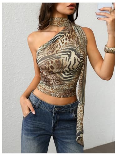 Image of RoseSeek Women's Y2K Leopard Polka Dots Halter Asymmetrical Neck Crop Tops