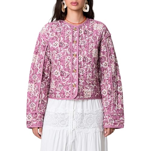 Veste courte matelassée à motif floral pour femmes, manteau cardigan léger à manches longues et à boutons, vêtements d'extérieur décontractés, d-rose,...