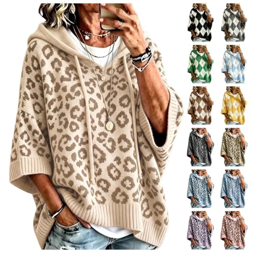 Sweaters for Women Leopard Print Hooded Sweaters 3/4 Sleeve Knit Pullover - image 1