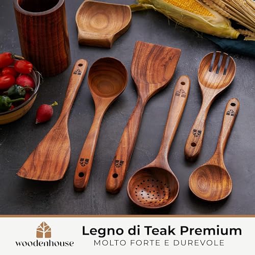 Set Mestoli in Legno, Cucchiaio Legno - Utensili Cucina in Legno per Cucina con Porta e Poggiamestolo - Pentole Naturali Antiaderenti - Set durevole di 13 pezzi - immagine 3