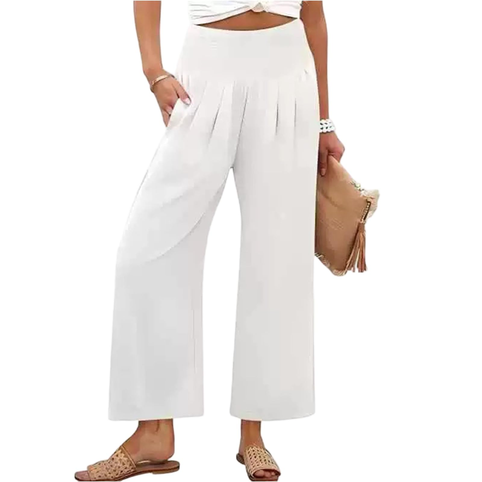 Palazzo Pants for Women Cotton Linen High Waisted Casual Wide Leg Trousers Loose Travel Vacation Clothes with Pockets
