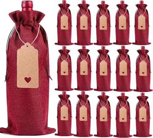 16 Bolsas de Arpillera para Vino, Bolsas de Regalo para Botellas de Vino, Bolsas con Cordón para Regalos de Boda, Fiestas de Navidad y Fiestas de Cata de Vinos, Rojo