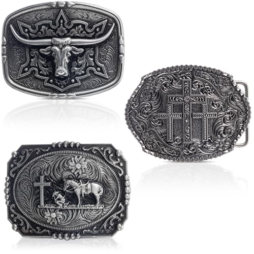 Suncalla 3 Pcs Western Rodeo Belt Buckle for Men Women Cross Cowboy Cowgirl Vintage Longhorn Kneeling Horse Bull eagle(Cross Sliver)