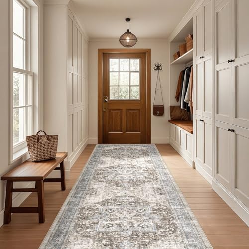 Tortania Area Rug 3x8 Runner Rugs - Washable Vintage Oriental Farmhouse Thin Indoor Carpet for Living Room Bedroom Hallway Entryway Kitchen Under Dining Table Home Office - Brown Blue