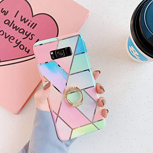 Saceebe Compatible with Galaxy S8 Silicone TPU,Glittered case TPU Soft Silicone Marble Pattern Soft Shell TPU with Finger Ring Bracket Protective Shell Case Cover [Anti-Scratch],Pink blue