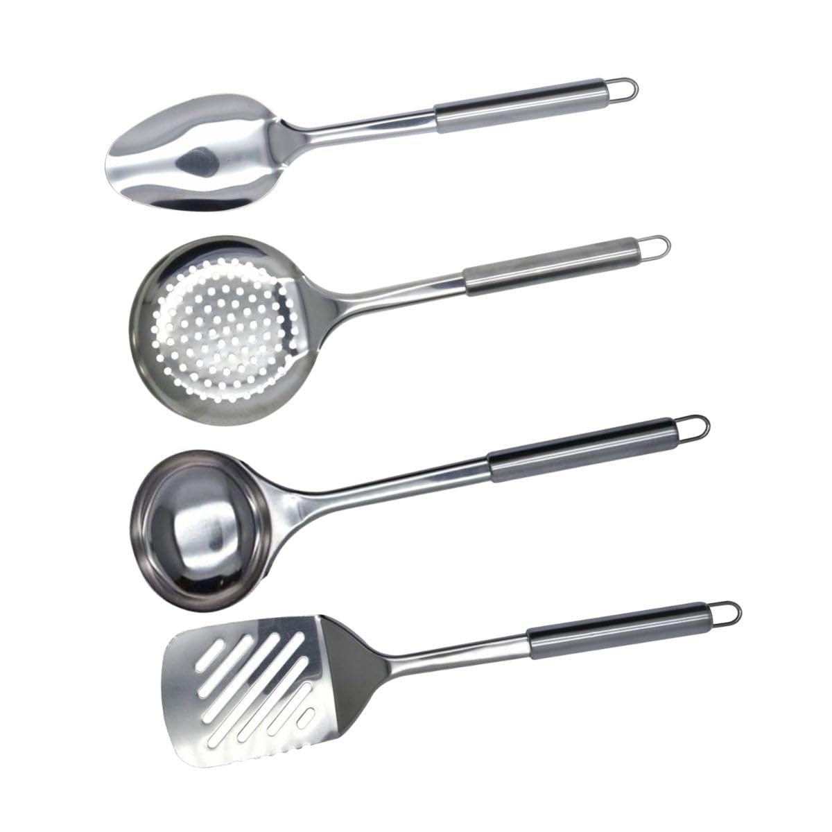 Fackelmann 9908150 Set of 4 Stainless Steel Kitchen Utensils, Kitchen Ladle, Skimmer, Kitchen Spatula, Kitchen Spoon, Stainless Steel, 33.5 x 8 cm