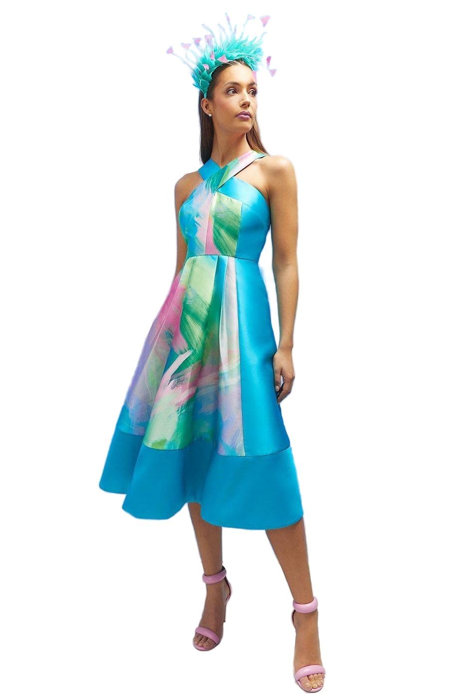 Coast Lisa Tan Cross Front Printed Twill Midi Dress, 10, Teal