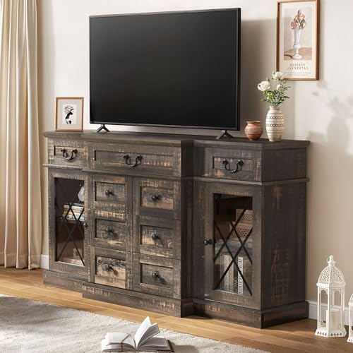 DWVO Farmhouse Sideboard Buffet Cabinet with Storage, 59" Storage Cabinet with 9 Drawers, TV Stands up to 65" for Living Room, Dinning Room, Vintage Brown