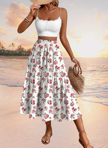 Boho Floral Midi Skirts for Women Casual A line Elastic High Waist Swing Summer Cute Long Beach Party Skirts3