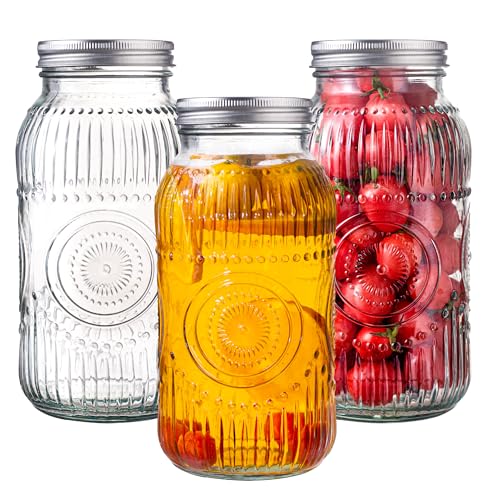 Image of Amzcku 64oz vintage Mason Jars with Lids, Wide Mouth 2 Quart Canning Jar Half Gallon, Safe For Storage, Canning, Pickling, Preserving, Fermenting, DIY Crafts & Decor 3 Pack