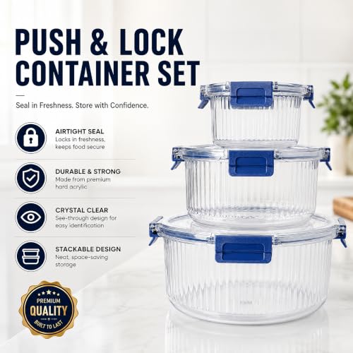 Image of Xariya Plastic Air Tight Container Set for Kitchen Storage | Clear Round Food Containers with Airtight Lock Lids | Fridge Storage Containers for Fruits, Vegetables & Herbs (400ml, 800ml, 1600ml)