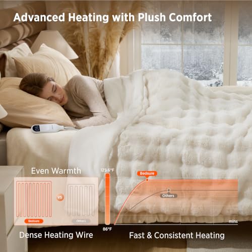 Image of Bedsure Fluffy Bubble Faux Fur Heated Electric Blanket Twin, Coconut White