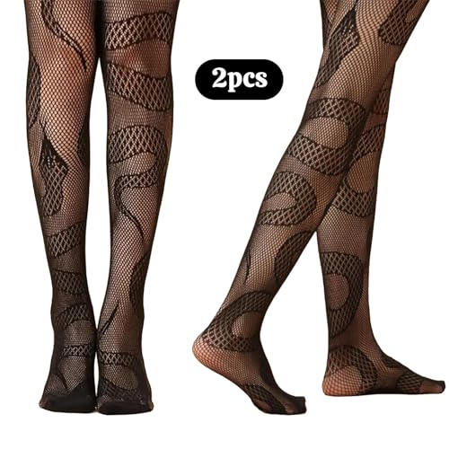 SSKHE 2 Stück Snake Tights Netzstrumpfhose für Damen mit Fischmuster, Schwarz für Halloween-Kostüme, Cosplay, Partys und Shows, Einheitsgröße, Schwarz , Einheitsgröße