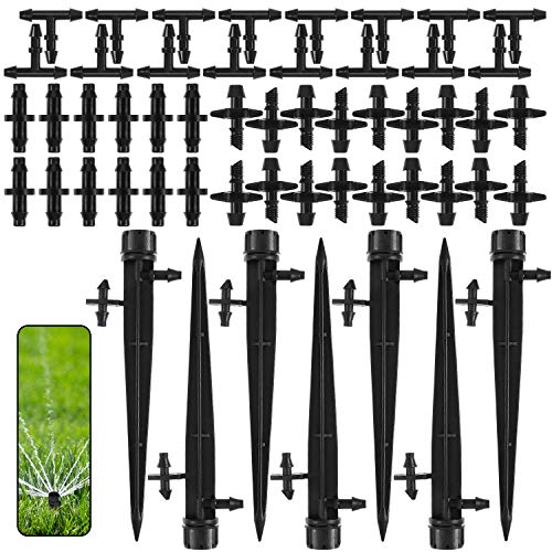 Outus Set de 48 Conectores de Riego, 12 Conector Recto/Roscado 4 mm, Conector en T de 12 Púas, 12 Conectores de Púas de Jardín, 12 Goteros de Riego con Conector de Púas para Tubo de 4/7 mm