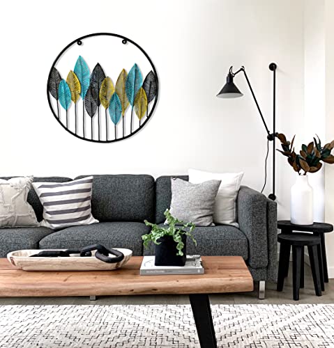 Image of iHandikart Modern Circular Metal Wall Art | 23x23 Inch Round Leaves Sculpture | Gold, Blue, & Black Framed Decor for Living Room, Bedroom, and Office