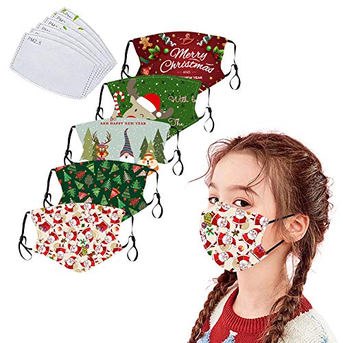 5Pack Cotton Christmas Mask for Children with Filter Pocket with 6 Pcs Replacement Filters-Washable Xmas Face Mask (Christmas Mask A)