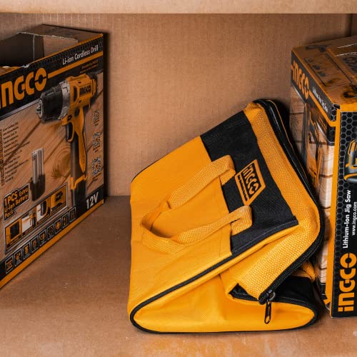 Image of INGCO 16 Inch Tool Bag, 15kg Max Load, Tool Storage Bag with Wide Mouth Multi-use Tool Tote Bag With 6 Pockets Outside and 8 Pockets Inside, Waterproof for Construction Carpentry Gardening