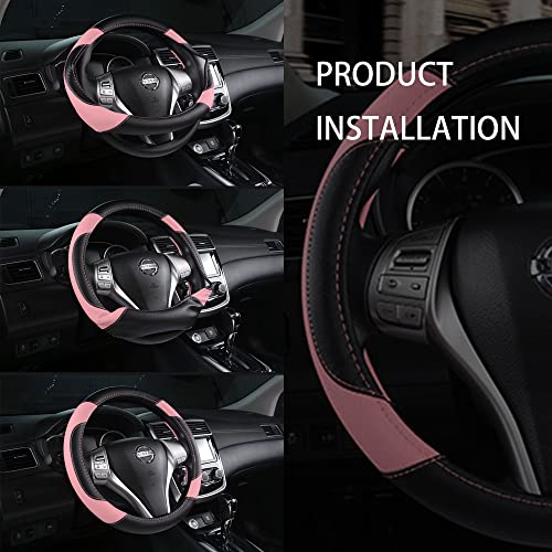 Image of Leather Car Steering Wheel Cover, Non-Slip Car Wheel Cover Protector Breathable Microfiber Leather Universal Fit for Most Cars(Pink)