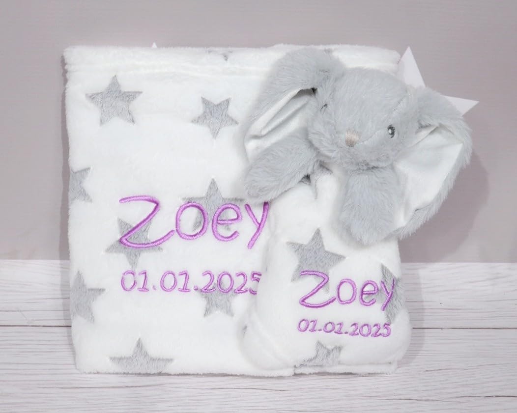 BotoBaby® GESCHENKSET Babydecke mit Namen und Datum Bestickt + Schmusetuch mit Namen ★ Geschenk ★Geburt ★ Taufe ★ (Grau Hase)