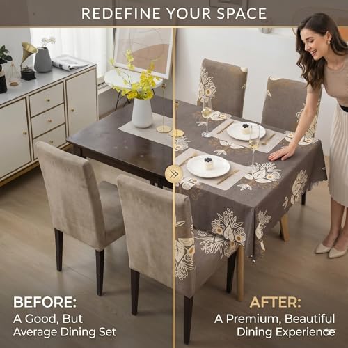 Image of Styleys Dining Chair Cover with Table Covers for Kitchen Waterproof Dining Table Cloth (1 Table Cover + 4 Chair Cover, Beige Brocade, CTSD3127)