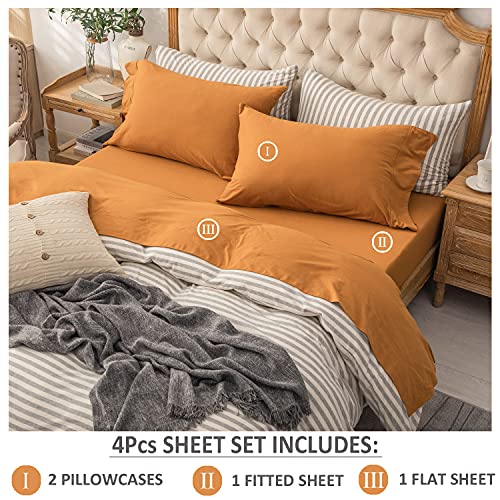 PURE ERA Jersey Knit 4pc Bed Sheet Set 100% T-Shirt Cotton Super Soft Comfy Breathable Fits Mattress Up to 20" Extra Deep Pocket (Solid Burnt Orange, Queen)