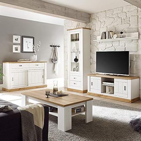Lomadox Wohnzimmer-Set in Pinie weiß mit Wotan Eiche im Landhausstil, mit Sideboard und Couchtisch Cover