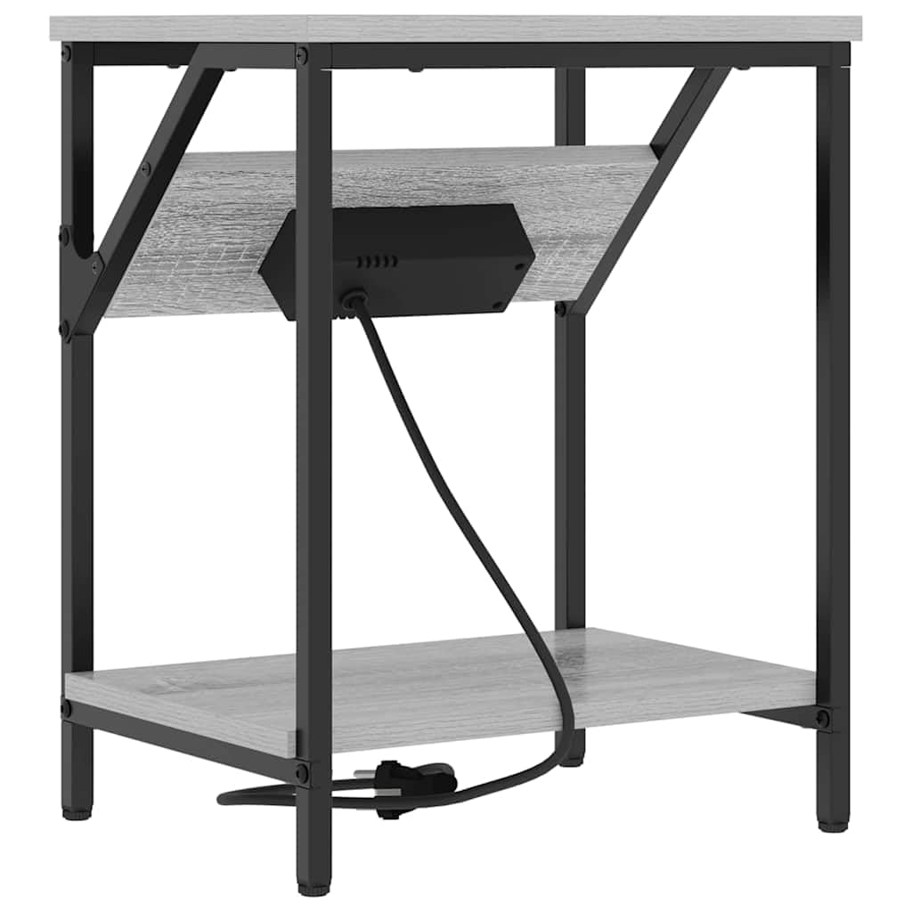 Mesa de Noche Moderna con Estantería Integrada y Fuente de Poder, Diseño Rectangular con Patas de Acero Negro y Superficie de Madera Resistente para Dormitorio Contemporáneo