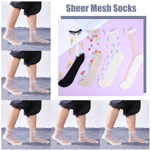 4Pairs Women Sheer Socks, Floral Sheer Sock, Embroidered Jacquard Crystal Glass Socks, Thin Mesh Lace for Summer4