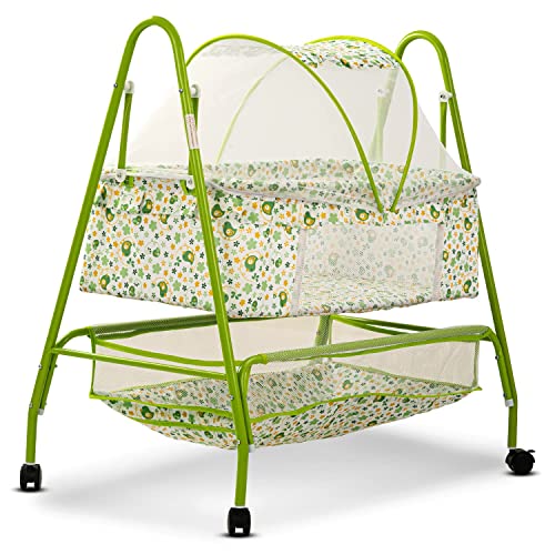 Image of BAYBEE Clora Baby Cradle and Swing with Mosquito Net | Jhula Palna for Newborns | 360 Rotating Lockable Wheels & Storage Basket | Green