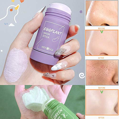 2 Pcs Green Tea Purifying Clay Stick Mask, Eggplant Purifying Clay Stick Mask Face Moisturizes Oil Control Deep Clean Pore Improves Skin for All Skin Types Men Women