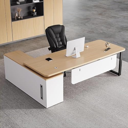 VoyageViewL字型エグゼクティブデスク、コンピューターデスク、密閉型収納キャビネット付き法人顧客用デスク、左右切り替え式サイドキャビネット、勉強机 (ライトウォールナット-1,200*80*75cm) (ライトウォールナット-1,180*80*75
