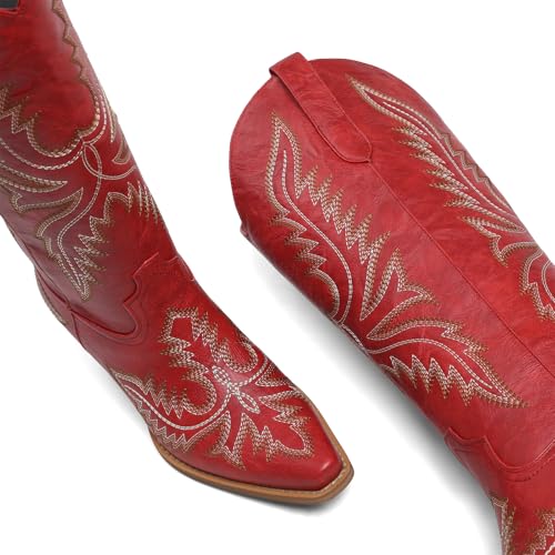 Image of Tscoyuki Cowboy Boots for Women: Embroidered Western Knee High Boots Women - Pointed Toe Chunky Heel Cowgirl Tall Boots